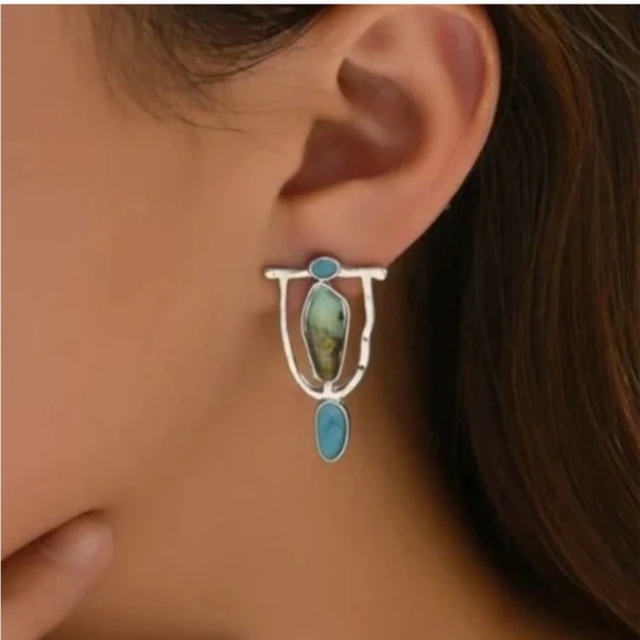 ❤️ FREE Turquoise Metal Chic Glam Grunge Rock Faux Modern Trendy Classy Earrings - Picture 5 of 5